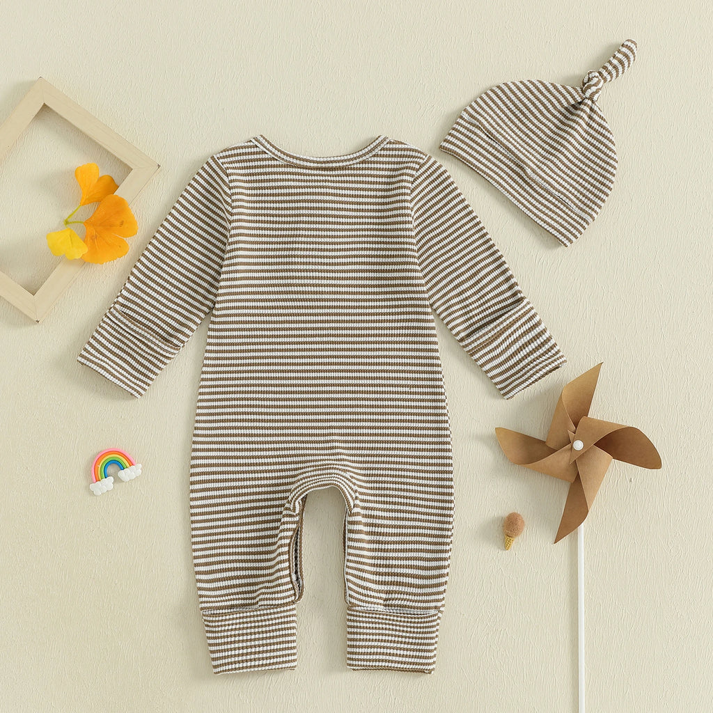 Baby Boys 2Pcs Fall Clothes Romper Stripe Print Long Sleeve Round Neck Full Length Jumpsuit with Hat Set