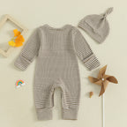 Baby Boys 2Pcs Fall Clothes Romper Stripe Print Long Sleeve Round Neck Full Length Jumpsuit with Hat Set