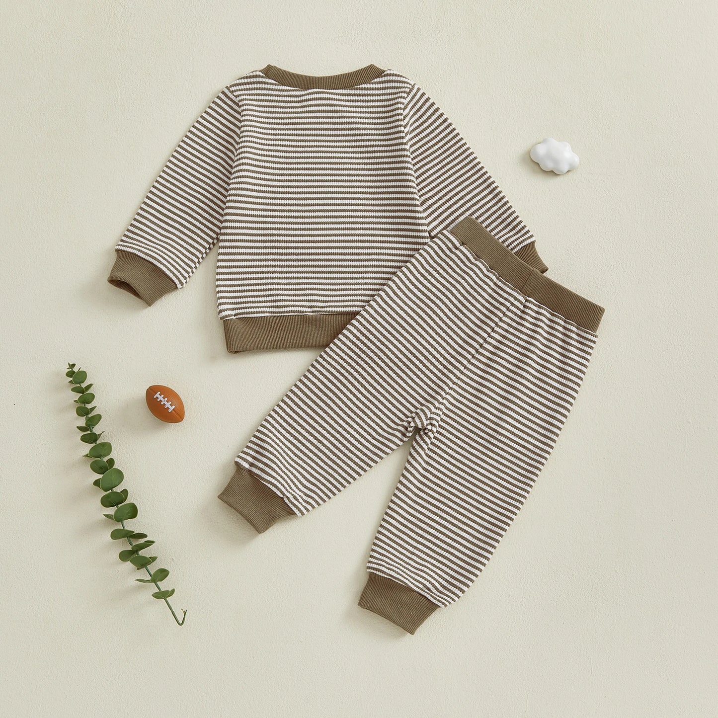 Baby Toddler Boys 2Pcs Football Helmet Outfit Striped Long Sleeve Top Elastic Waist Pants Waffle Jogger Set