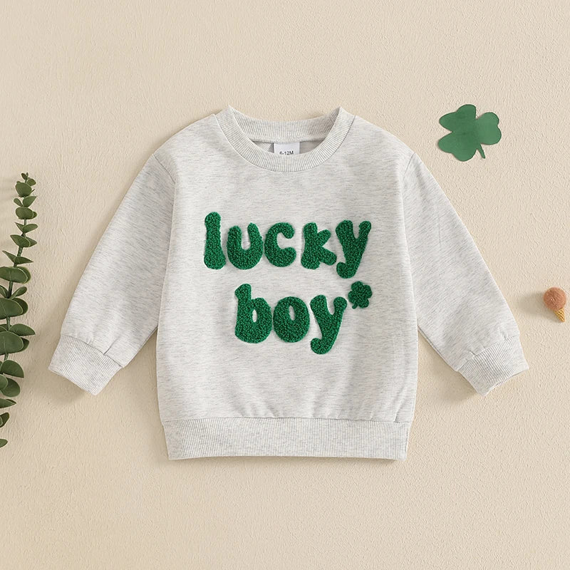 Baby Toddler Boys Lucky Boy St. Patrick's Day Irish Spring Letter Clover Shamrock Embroidered Long Sleeve O-Neck Casual Pullover Top