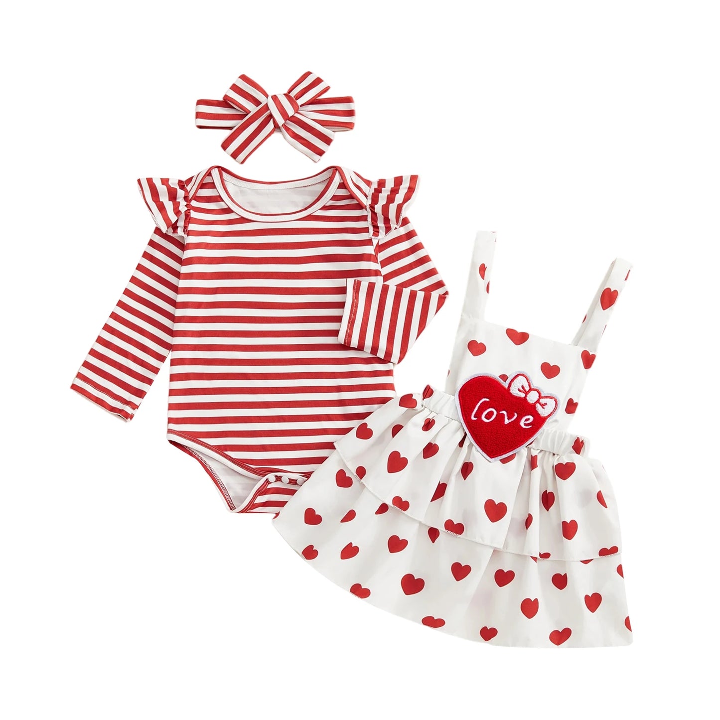 Baby Girl 3Pcs Valentine’s Day Outfit Long Sleeve Stripes Print Romper Suspender Skirt Dress Headband Set