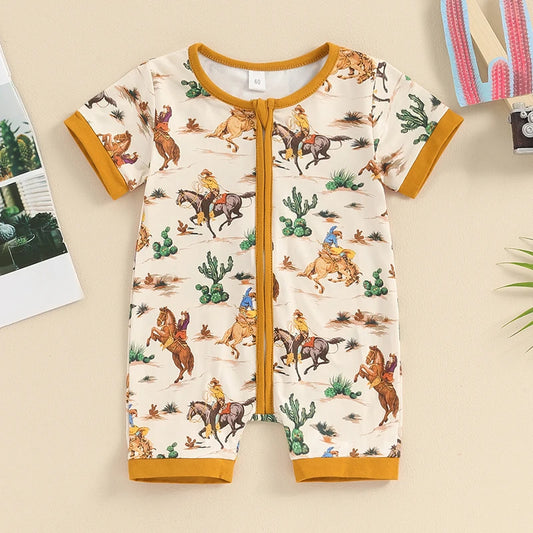 Baby Boys Summer Jumpsuit Casual Western Cowboy Horse Print Short Sleeve Zipper Romper Infant Clothes