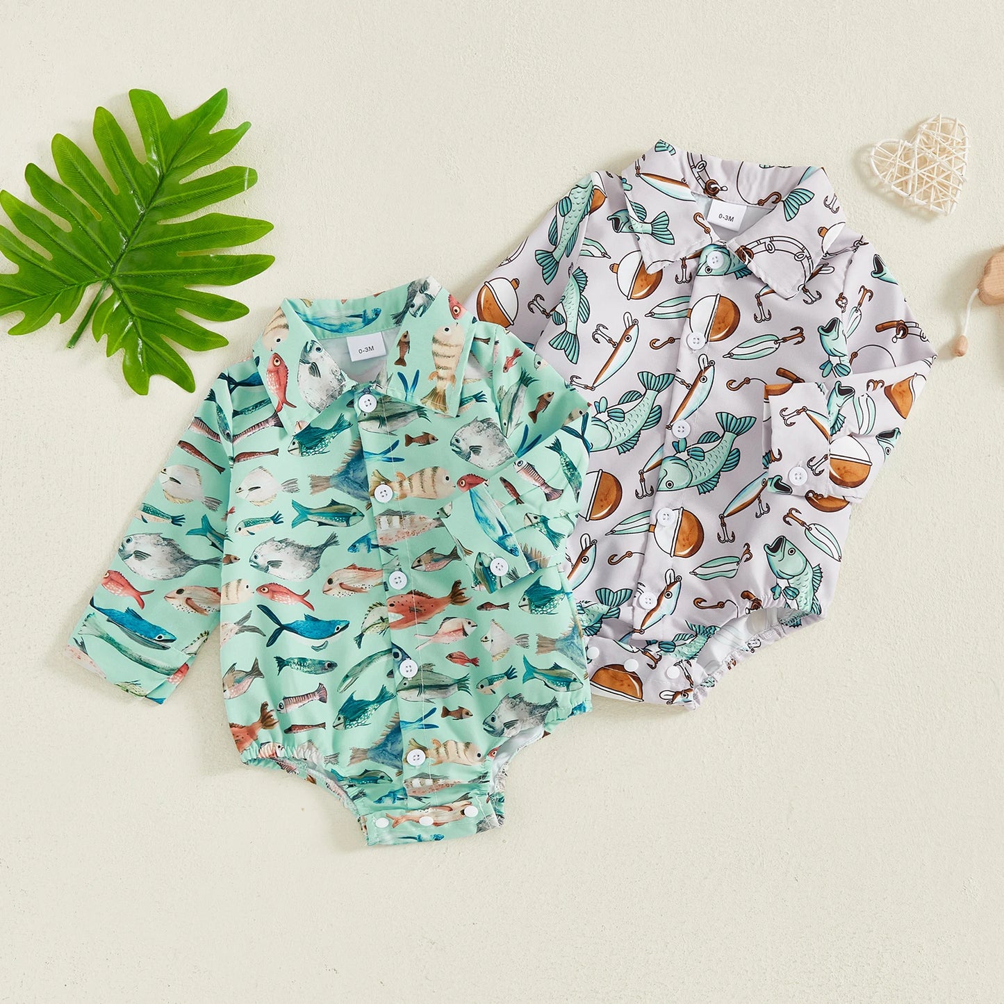 Baby Boys Girls Romper Long Sleeve Lapel Collar Fish Print Bodysuit Fall Playsuit