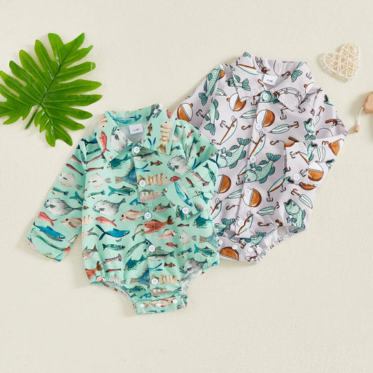 Baby Boys Girls Romper Long Sleeve Lapel Collar Fish Print Bodysuit Fall Playsuit
