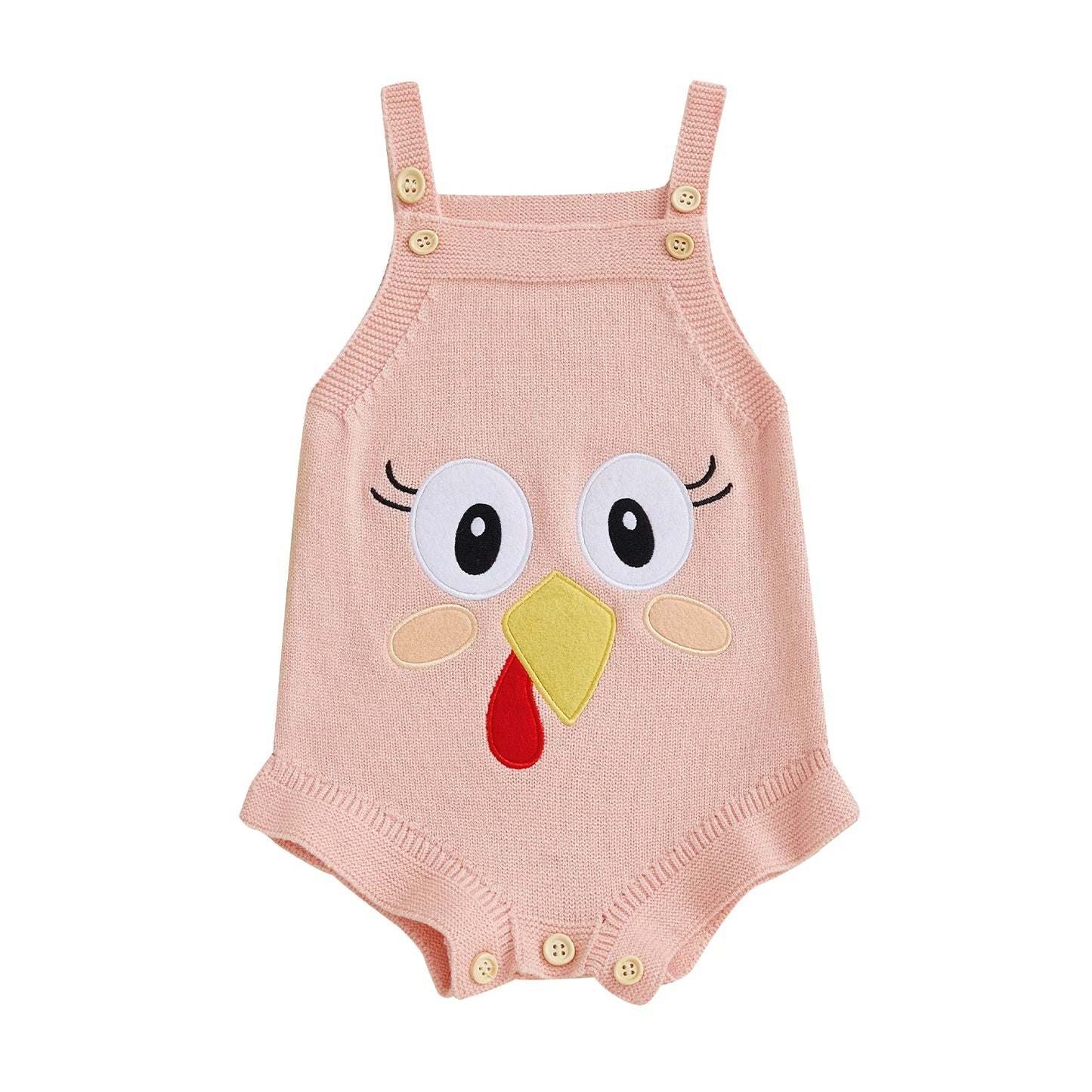 Baby Girl Thanksgiving Knit Romper Cute Turkey Print Square Neck Sleeveless Infant Jumpsuit Overalls