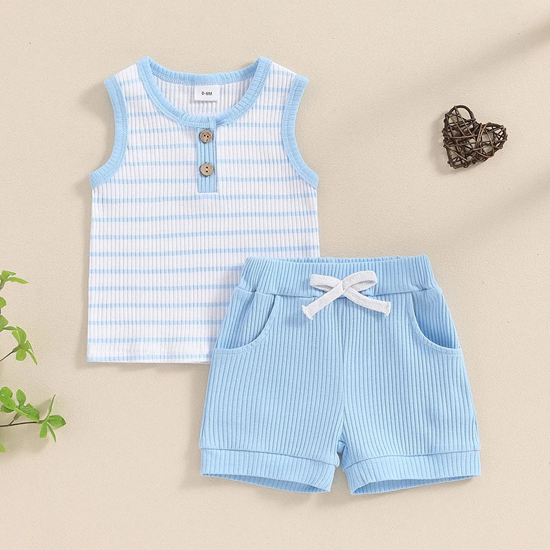 Baby Toddler Boys 2Pcs Outfit Striped Print Sleeveless Tank Top and Elastic Shorts Set Summer Clothes