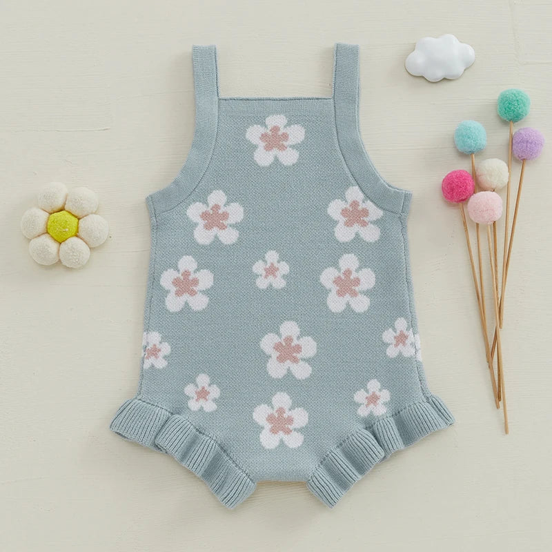 Baby Girls Summer Sleeveless Tank Strap Bubble Romper Knitted Floral Flower Print Bodysuit