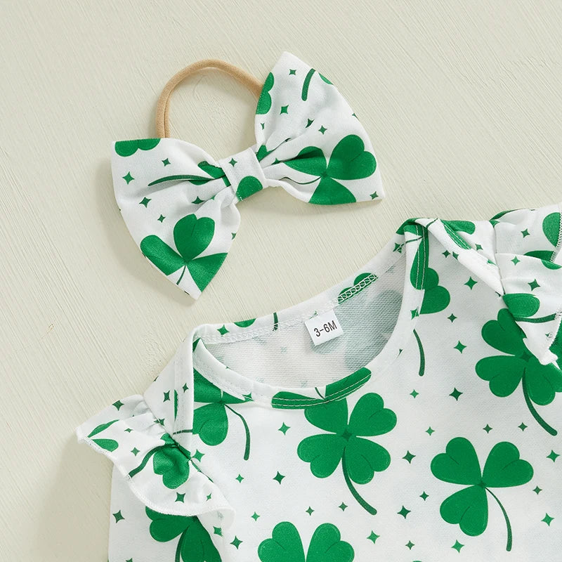 Baby Girls 3Pcs Winter Spring Outfit Valentines Heart/ Four Leaf Clover Print Ruffle Long Sleeve Romper Corduroy Overall Dress Bow Headband Valentine's Day / St. Patrick's Day Set