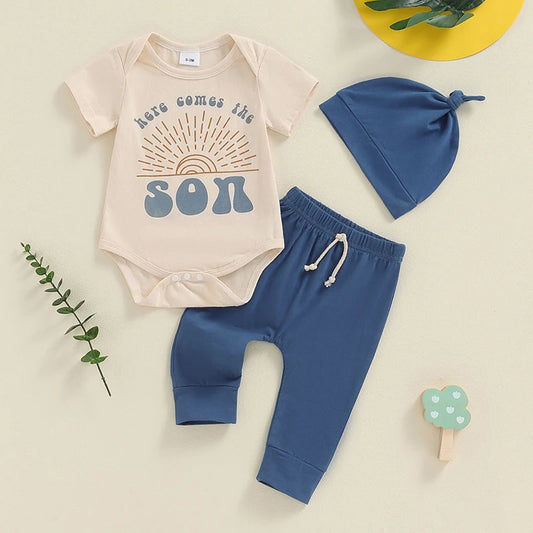 Baby Boys 3Pcs Here Comes the Son Outfit Sun Letters Print Short Sleeve Romper with Elastic Waist Long Pants and Hat Set