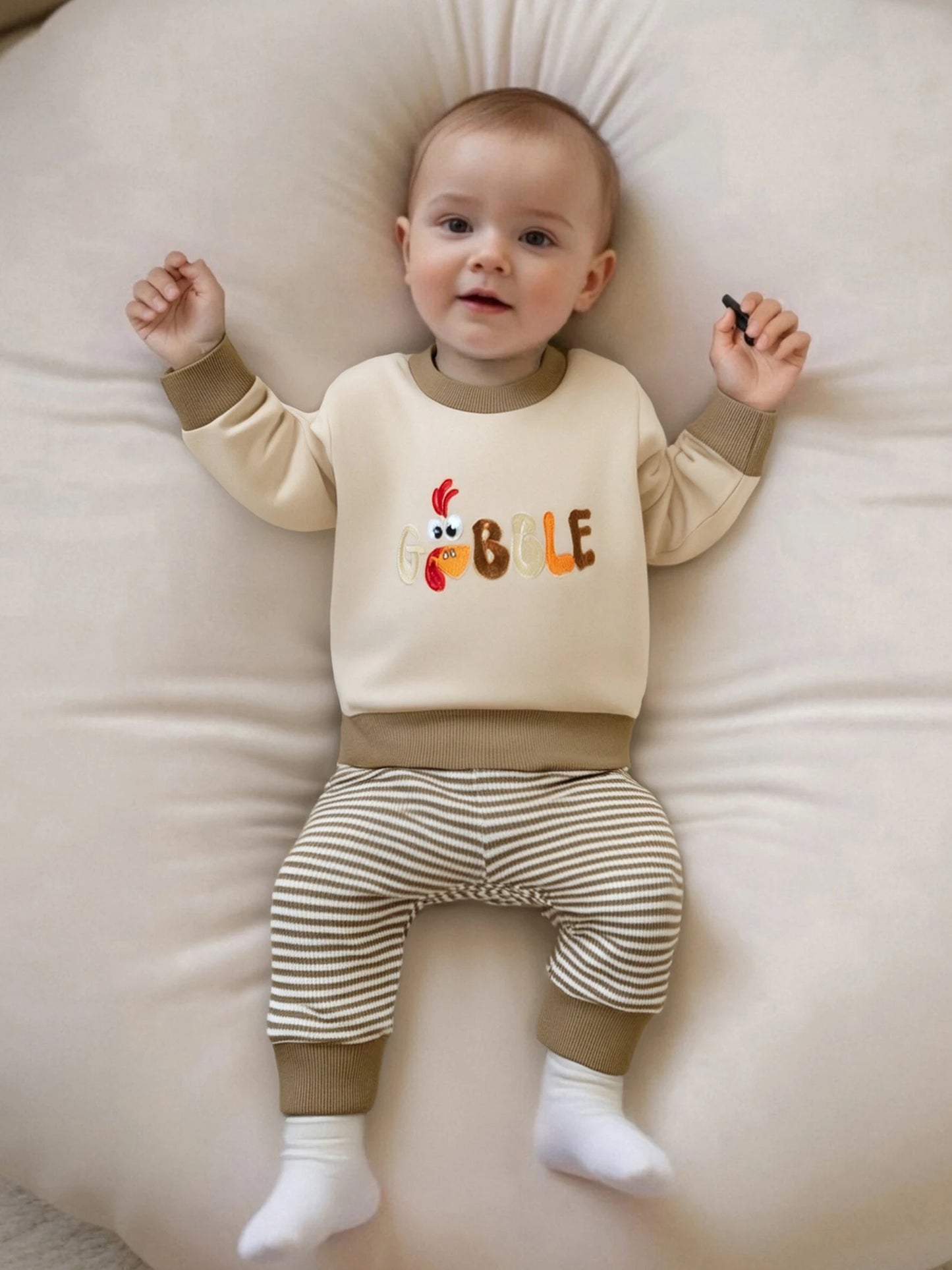 Baby Toddler Boys 2Pcs Jogger Set Long Sleeve Crew Neck Embroidery Gobble Turkey Top with Striped Pants Thanksgiving Clothes