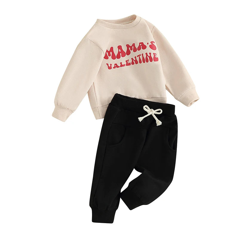 Toddler Baby Boy 2Pcs Valentine's Day Outfit Mama's Valentine Letter Print Long Sleeve Crewneck Top Jogger Pants Set