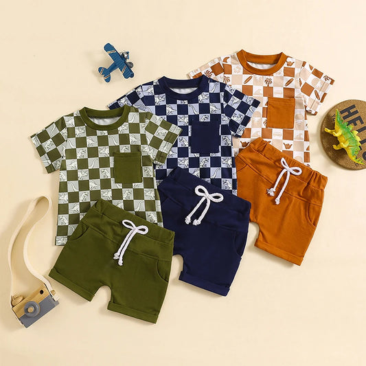 Baby Toddler Boys 2Pcs Summer Outfits Checker Print Short Sleeve Top Elastic Waist Shorts Clothes Set