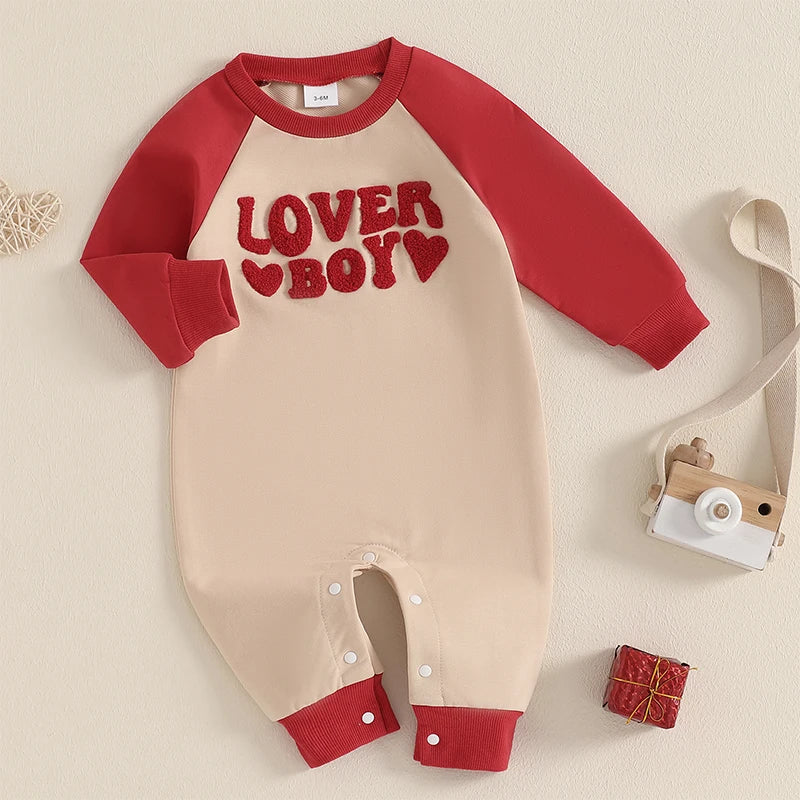 Baby Boys Lover Boy Valentine's Day Romper Heart Letter Embroidery Long Sleeve Crew Neck Raglan Valentines Jumpsuit