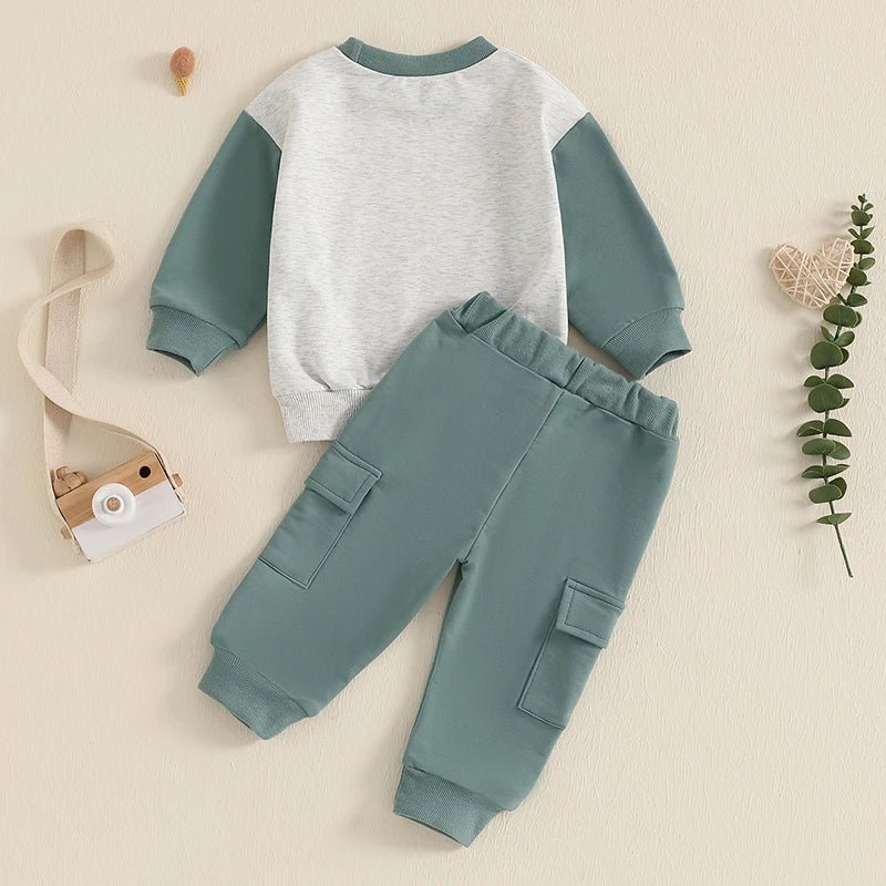 Baby Toddler Boy 2Pcs Outfit Long Sleeve Contrast Color Top + Cargo Pants Fall Winter Jogger Set