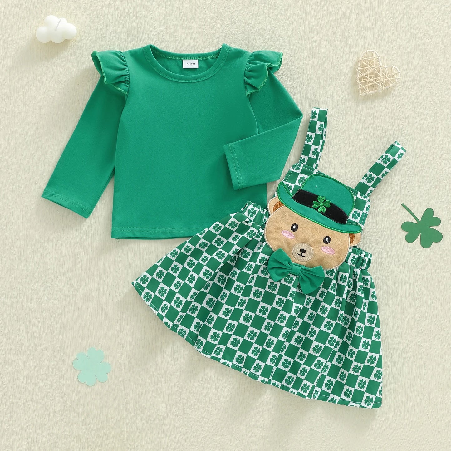 Baby Toddler Girls 2Pcs St. Patrick's Day Outfits Solid Color Long Sleeve Top Shamrock Embroidery Plaid Suspender Overalls Skirt Dress Two Piece Set