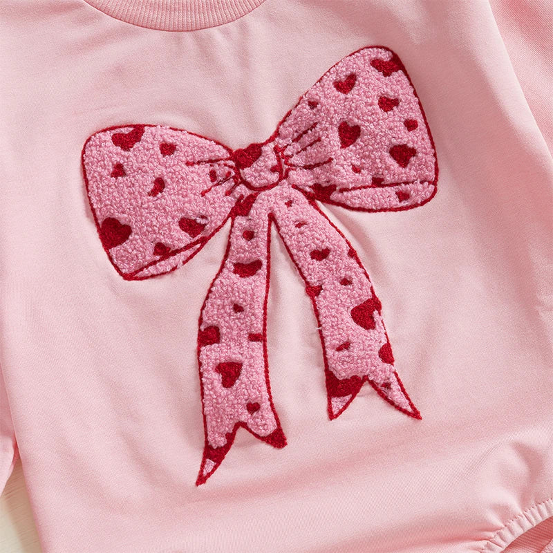 Baby Girls Bubble Romper Heart Bow Embroidery Long Sleeve Jumpsuit Valentine's Day