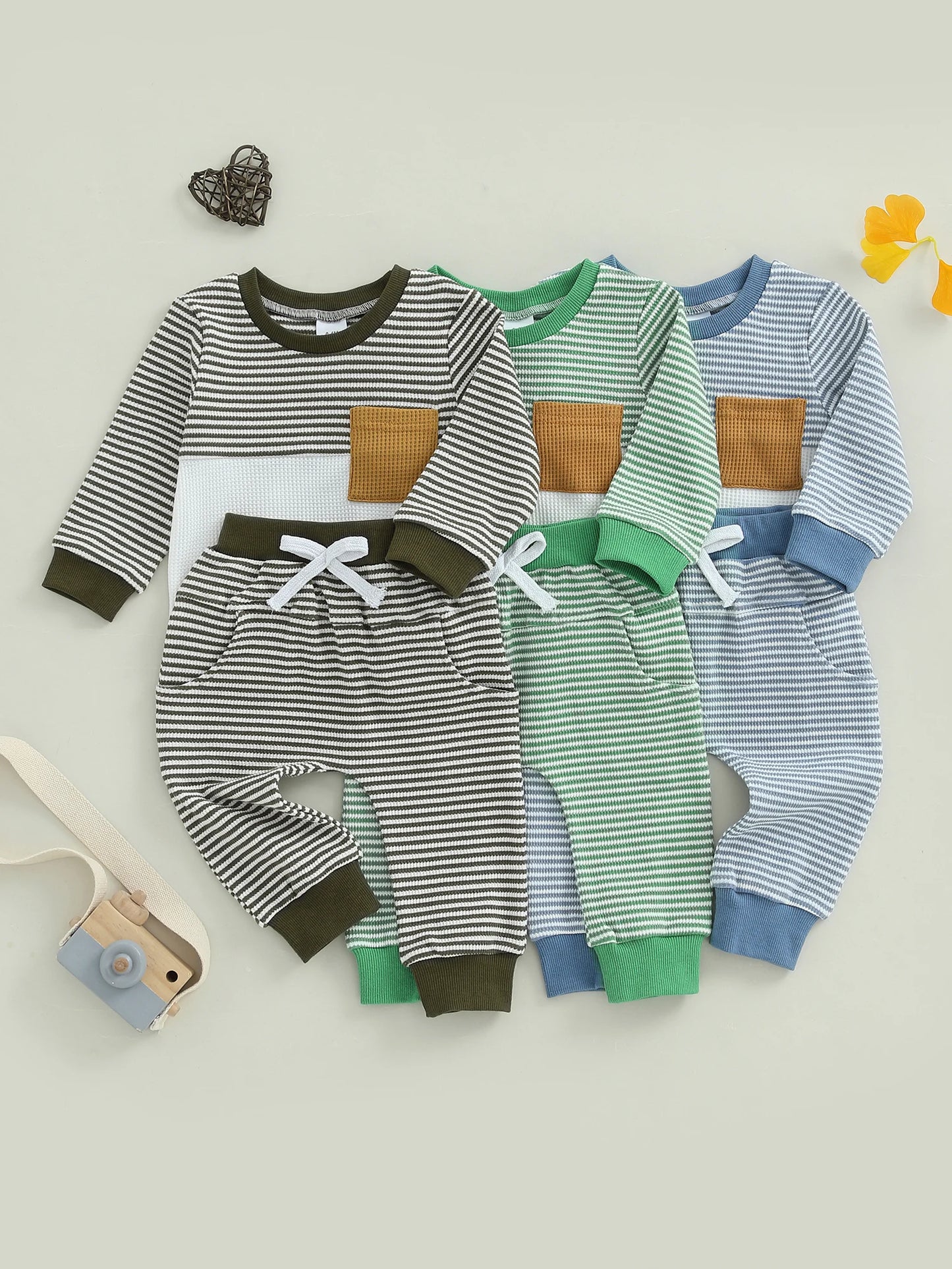 Baby Toddler Boys 2Pcs Fall Waffled Outfits Stripe Pocket Long Sleeve Round Neck Pullover + Elastic Waist Pants Jogger Set