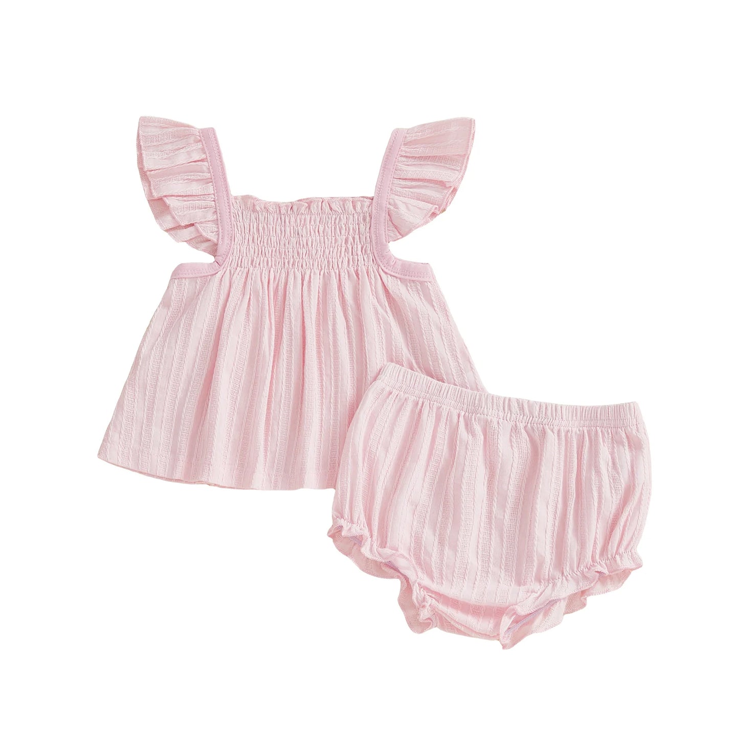 Baby Girls 2Pcs Spring Summer Outfit Flying Sleeve A-line Tops Ruffle Trim Shorts Set