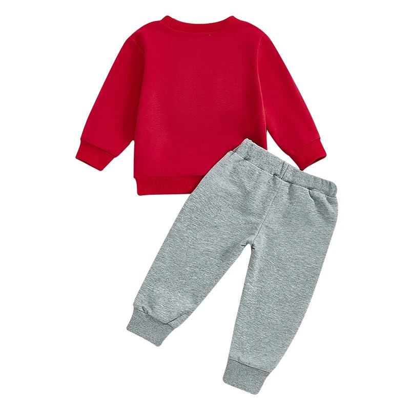 Baby Toddler Boys Girls 2Pcs Valentine's Day Jogger Set Long Sleeve Crew Neck XOXO Embroidery Letters Crewneck Top with Heart Knee Pants Outfit