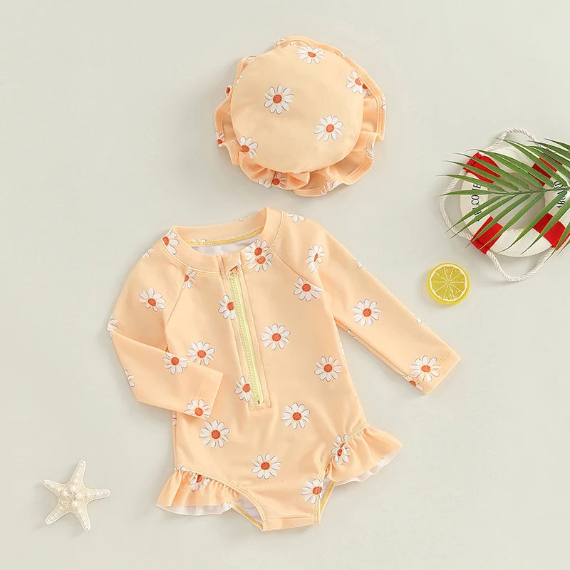Baby Toddler Girls 2Pcs Swimsuit Daisy Flower Print Long Sleeve Round Neck Swimwear Front Zipper Bathing Suit and Hat Set