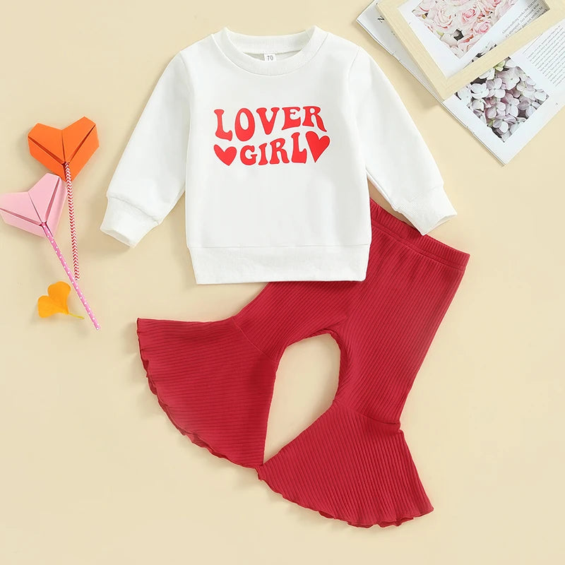 Baby Toddler Girl 2Pcs Valentine's Day Outfit Lover Girl Letters Heart Print Pullover Top Red Flare Pants Bell Bottoms Set Clothes