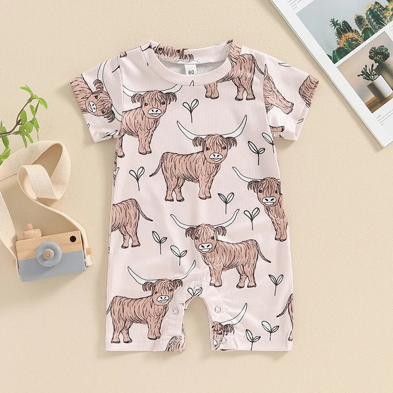 Baby Boys Girls Western Jumpsuit Short Sleeve Crew Neck Highland Cow Print Summer Casual Romper