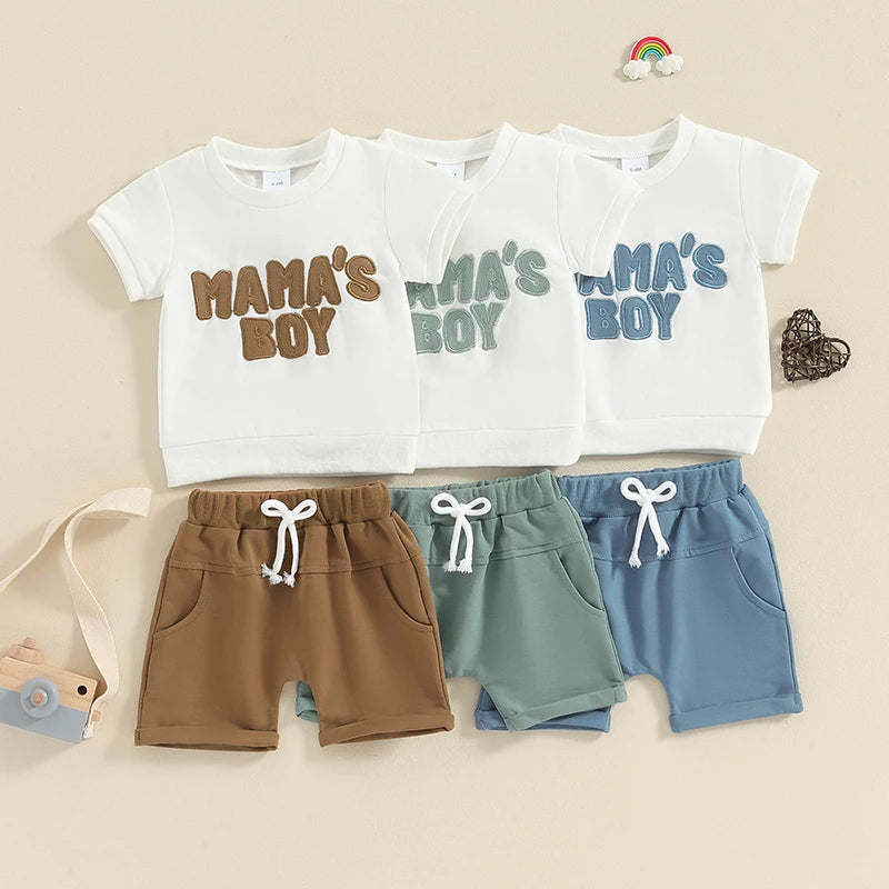 Toddler Baby Boy 2Pcs Mama's Boy Letter Embroidery Short Sleeve Top Solid Shorts Outfit Set