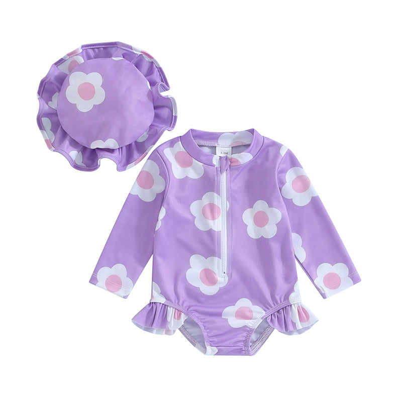 Baby Toddler Girls 2Pcs Swimsuit with Hat Flower Print Long Sleeve Ruffles Round Neck Front Zipper Bathing Suit Set