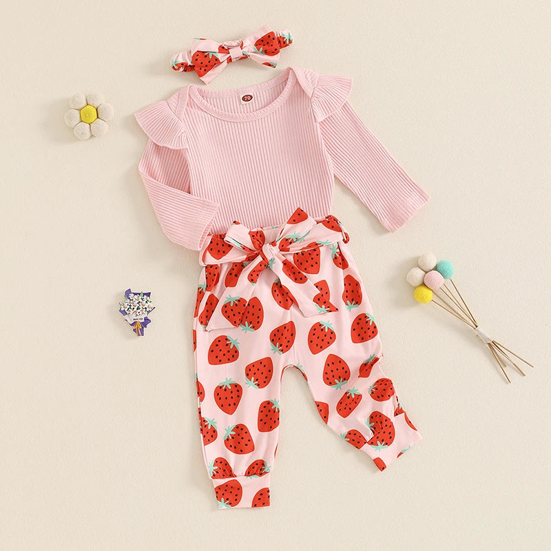 Baby Girls 3Pcs Fall Outfit Ribbed Long Sleeve Romper with Floral / Strawberry Pattern Pants and Headband Set