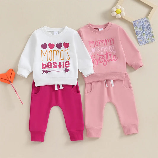 Baby Toddler Girl 2Pcs Outfits Long Sleeve Letters Mama's Bestie / Mommy Is My Bestie Top Jogger Pants Set