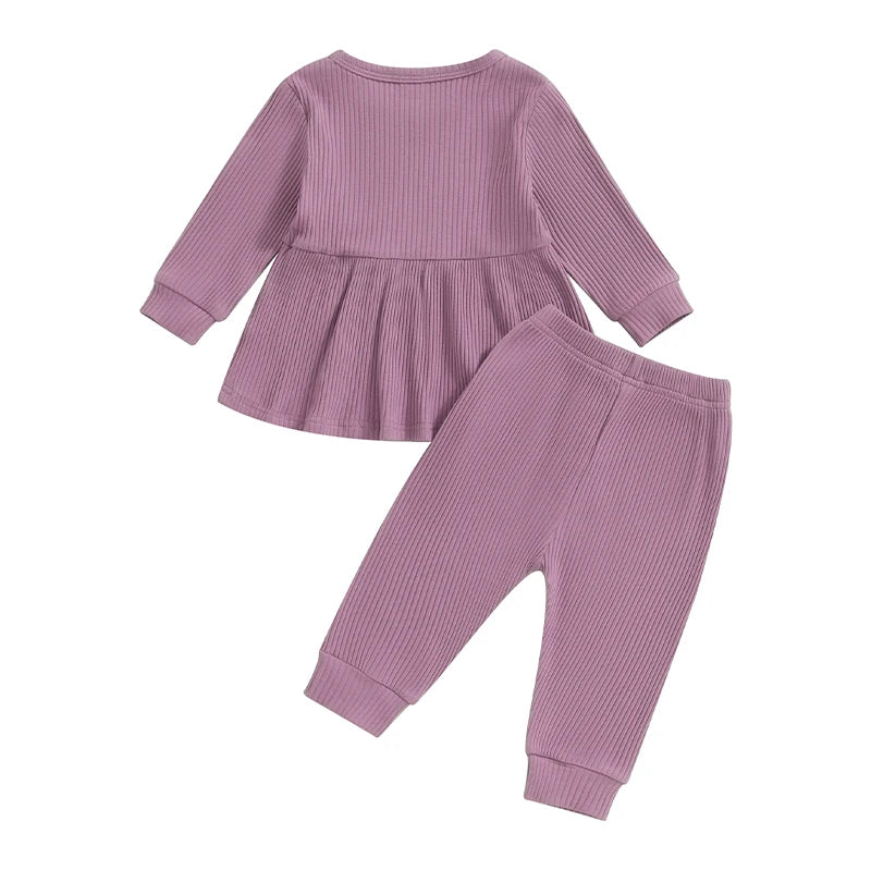 Toddler Kids Girls 2Pcs Fall Outfit Solid Color Ribbed Long Sleeve Babygirl Shirt and Elastic Pants Set