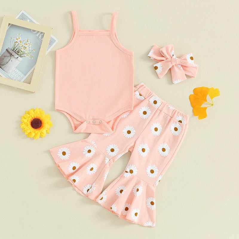 Baby Girls 3Pcs Summer Outfit, Sleeveless Tank Top Romper with Daisy Flower Print Flare Long Pants and Headband