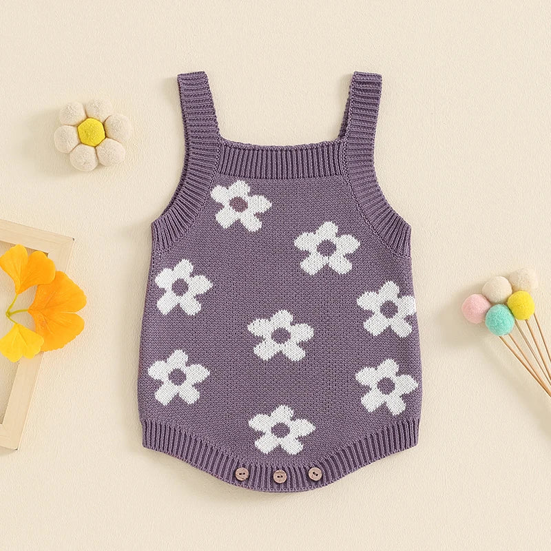 Baby Girl Summer Knit Romper Casual Floral Print Sleeveless Jumpsuit