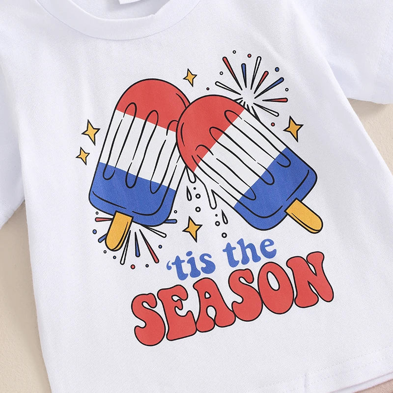 Toddler Baby Boys Girls 2Pcs 4th of July Short Sleeve Tis The Season Letter Popsicle Print Top Shorts Set