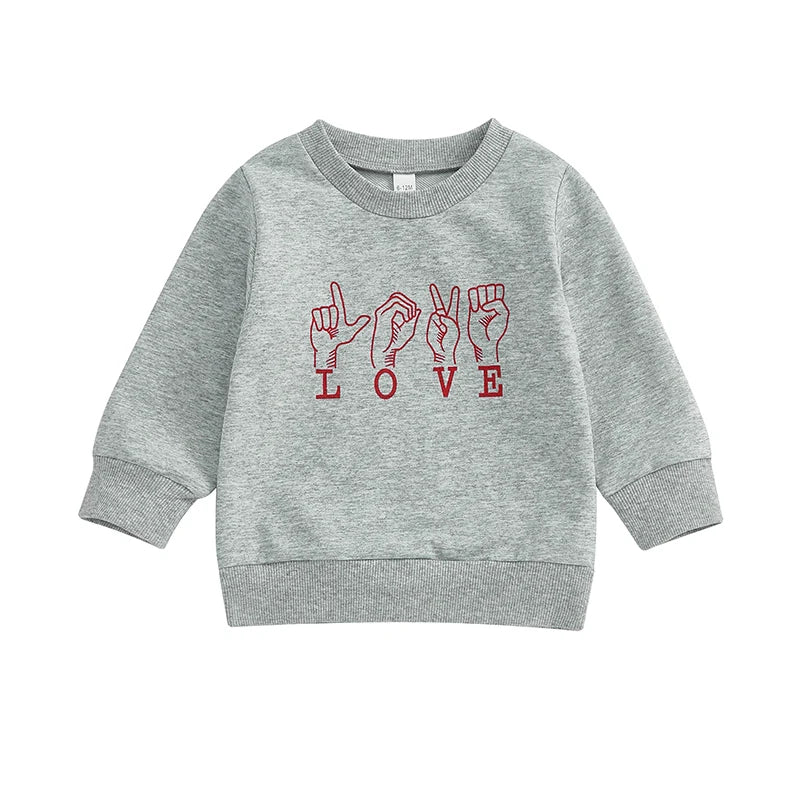 Baby Toddler Girls Boys Love Hand Sign Language Heart Print Long Sleeve Pullover Valentine's Day Valentines Top