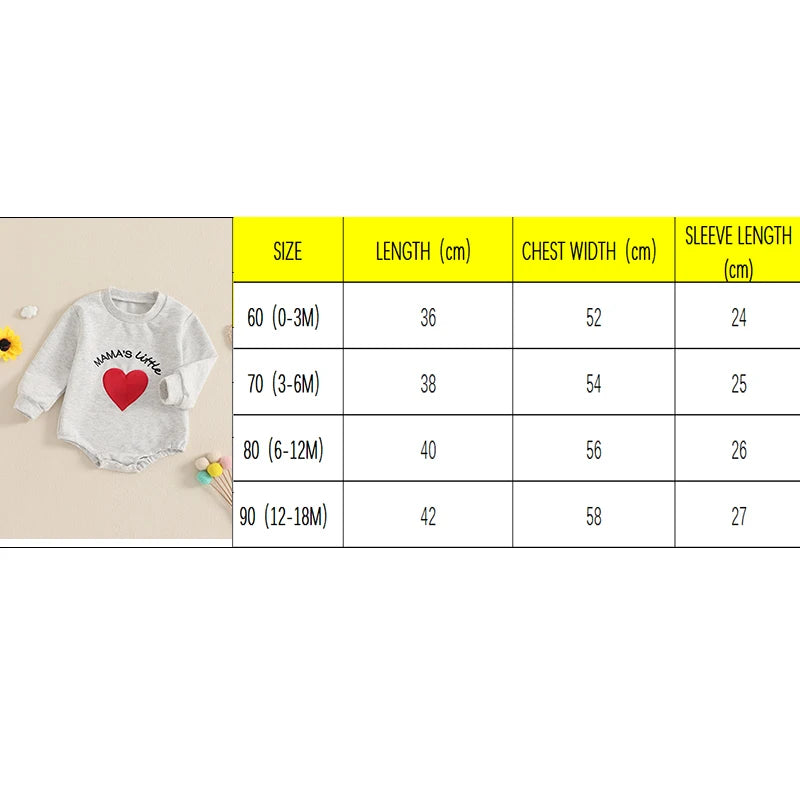 Baby Boys Girls Mama's Little Bubble Romper Long Sleeve Crew Neck Heart Letters Embroidery Bodysuit Valentine’s Day Playsuit