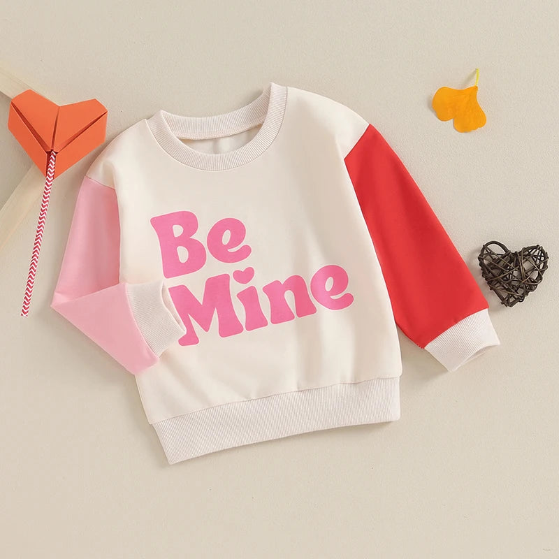 Toddler Baby Girl Valentine's Day Outfit Be Mine Long Sleeve Color Block Crewneck Pullover Casual Top