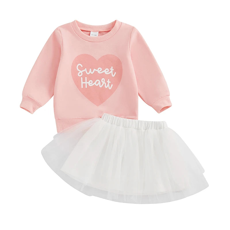 Baby Toddler Girls 2Pcs Valentine's Day Outfit Sweet Heart Letter Print O-Neck Long Sleeve Top Layered Tulle Tutu Skirt Clothes Set