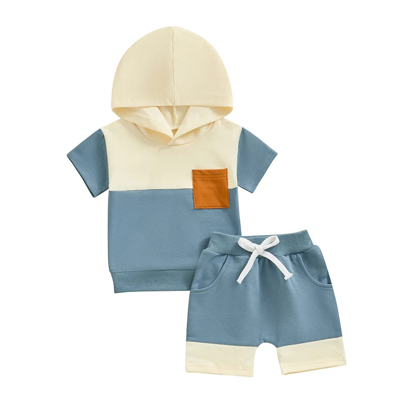 Toddler Baby Boy 2Pcs Color Block Short Sleeve Hooded Top Jogger Shorts Set Summer Outfits