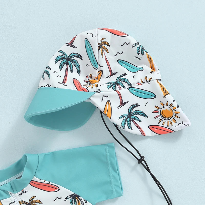 Baby Toddler Boys 3Pcs Swimsuit Palm Tree/Dinosaur Print Short Sleeve Top with Swim Trunks and Swim Cap Hat Bathing Suit Set