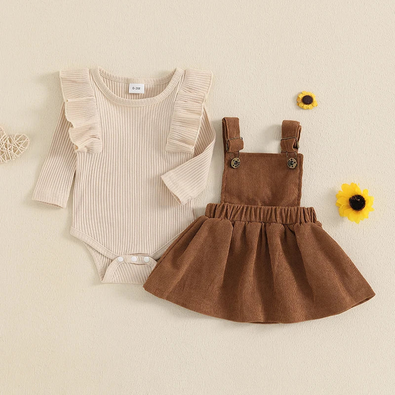 Baby Girl 2Pcs Fall Outfit Solid Ruffled Long Sleeve Crew Neck Romper with Corduroy Suspender Skirt 2Pcs Set