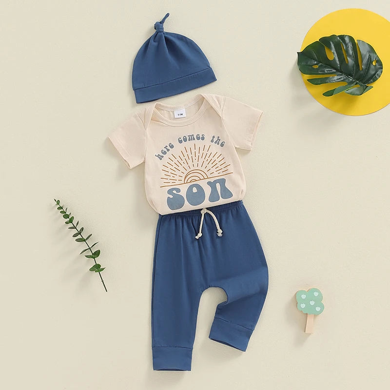 Baby Boys 3Pcs Here Comes the Son Outfit Sun Letters Print Short Sleeve Romper with Elastic Waist Long Pants and Hat Set