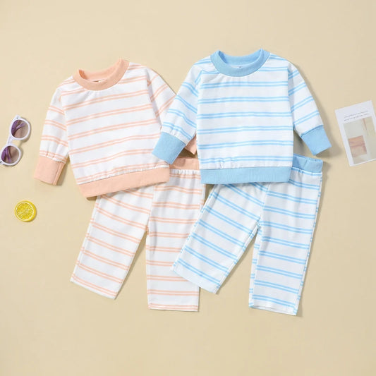 Baby Toddler Boys Girls 2Pcs Fall Outfit Stripes Print Long Sleeve Top and Elastic Pants Set