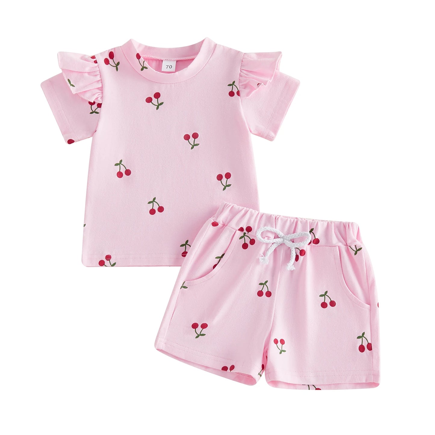 Baby Toddler Girls 2Pcs Summer Outfit Cherry Print Crew Neck Short Sleeve Top Elastic Waist Shorts Clothes Set