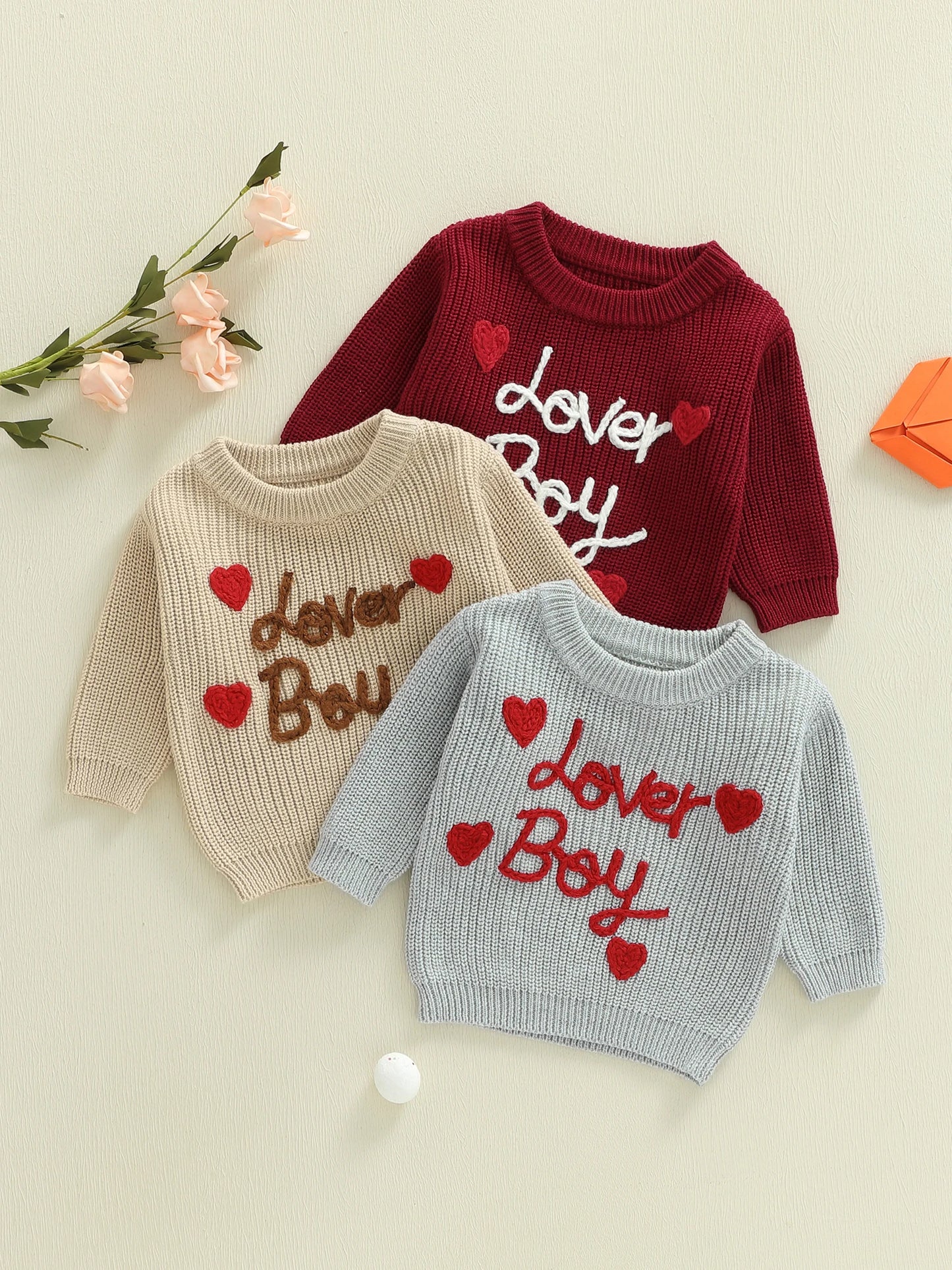 Baby Toddler Boys Valentines Sweater Fashionable Letters Lover Boy Heart Embroidery Crew Neck Long Sleeve Knit Top