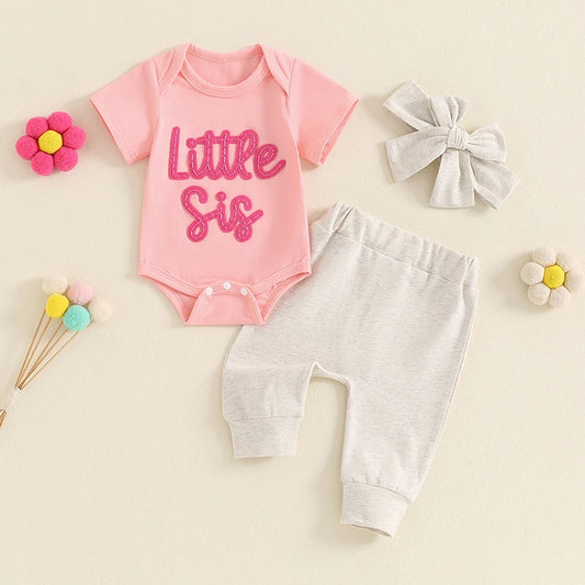 Baby Girl 3Pcs Little Sis Outfit Letter Embroidered Short Sleeve Romper Long Pants Headband Set