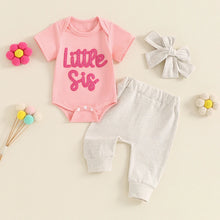 Load image into Gallery viewer, Baby Girl 3Pcs Little Sis Outfit Letter Embroidered Short Sleeve Romper Long Pants Headband Set
