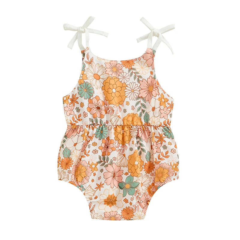 Baby Girls Summer Romper Flower/Butterfly Print Bow Tie Strap Tank Top Sleeveless Round Neck Jumpsuit