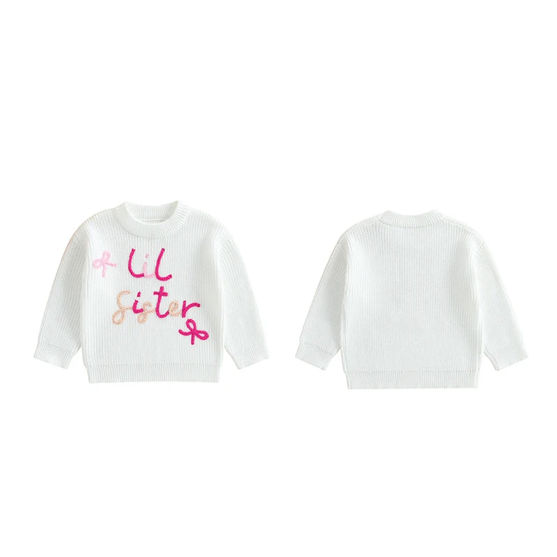 Baby Toddler Girls Lil/Big Sister Sweater Letter Bow Embroidery Crew Neck Long Sleeve Pullover Knit Top