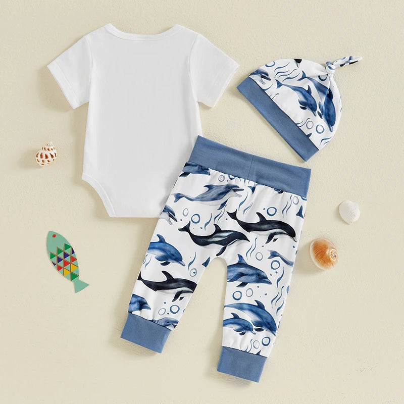 Baby Boy 3Pcs Protect Our Oceans Outfit Letter Sea Animal Dolphin Whale Print Short Sleeve Romper and Elastic Pants Beanies Hat Set